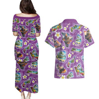 Hawaiian Island Shapes-Iconic Landscape Couples Matching Puletasi and Hawaiian Shirt with Plumeria and Palaka Purple Color