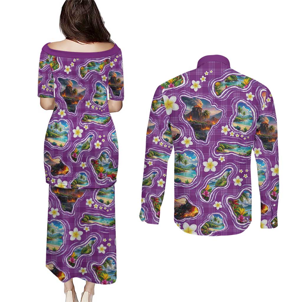 Hawaiian Island Shapes-Iconic Landscape Couples Matching Puletasi and Long Sleeve Button Shirt with Plumeria and Palaka Purple Color