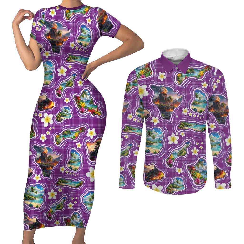 Hawaiian Island Shapes-Iconic Landscape Couples Matching Short Sleeve Bodycon Dress and Long Sleeve Button Shirt with Plumeria and Palaka Purple Color