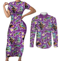 Hawaiian Island Shapes-Iconic Landscape Couples Matching Short Sleeve Bodycon Dress and Long Sleeve Button Shirt with Plumeria and Palaka Purple Color