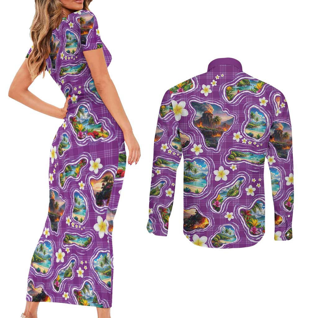 Hawaiian Island Shapes-Iconic Landscape Couples Matching Short Sleeve Bodycon Dress and Long Sleeve Button Shirt with Plumeria and Palaka Purple Color