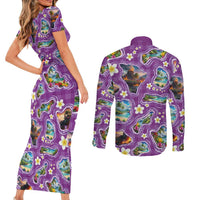 Hawaiian Island Shapes-Iconic Landscape Couples Matching Short Sleeve Bodycon Dress and Long Sleeve Button Shirt with Plumeria and Palaka Purple Color