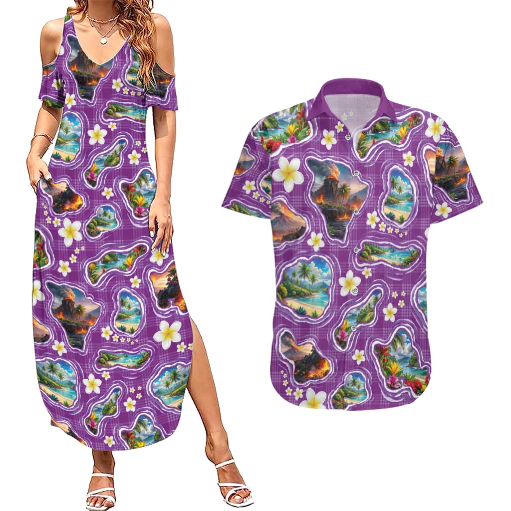 Hawaiian Island Shapes-Iconic Landscape Couples Matching Summer Maxi Dress and Hawaiian Shirt with Plumeria and Palaka Purple Color