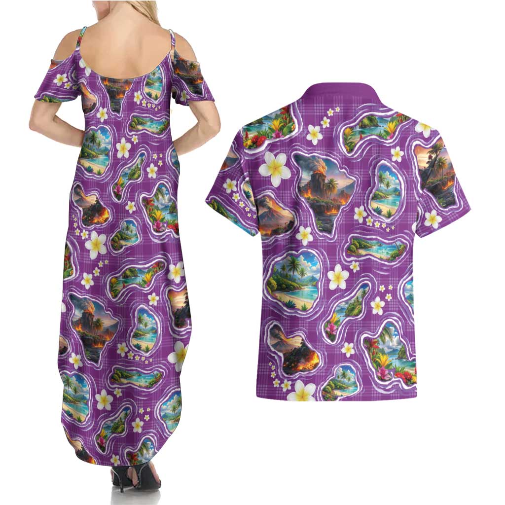 Hawaiian Island Shapes-Iconic Landscape Couples Matching Summer Maxi Dress and Hawaiian Shirt with Plumeria and Palaka Purple Color