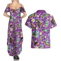 Hawaiian Island Shapes-Iconic Landscape Couples Matching Summer Maxi Dress and Hawaiian Shirt with Plumeria and Palaka Purple Color