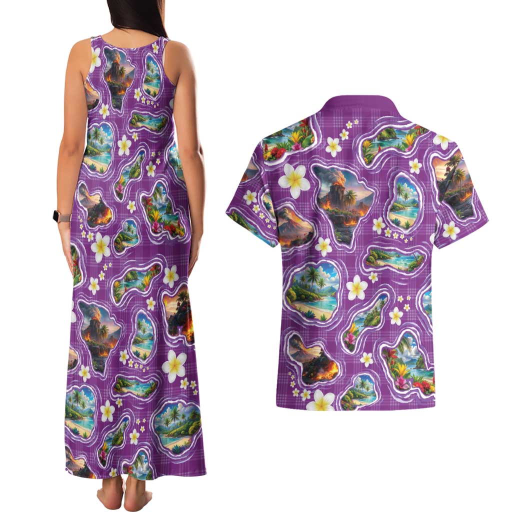 Hawaiian Island Shapes-Iconic Landscape Couples Matching Tank Maxi Dress and Hawaiian Shirt with Plumeria and Palaka Purple Color