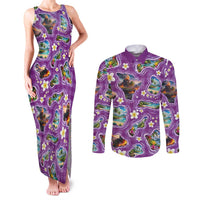 Hawaiian Island Shapes-Iconic Landscape Couples Matching Tank Maxi Dress and Long Sleeve Button Shirt with Plumeria and Palaka Purple Color