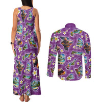 Hawaiian Island Shapes-Iconic Landscape Couples Matching Tank Maxi Dress and Long Sleeve Button Shirt with Plumeria and Palaka Purple Color