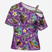 Hawaiian Island Shapes-Iconic Landscape Cross Shoulder Shirt with Plumeria and Palaka Purple Color