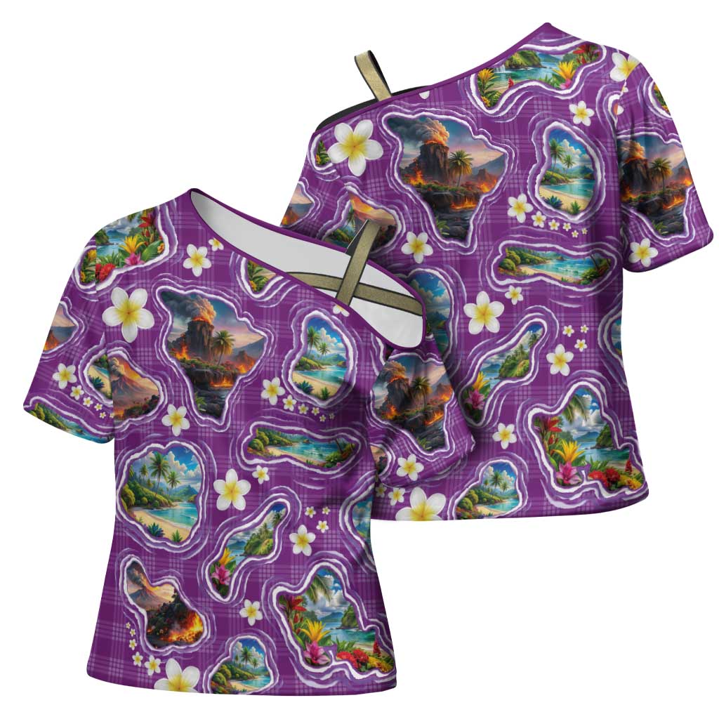 Hawaiian Island Shapes-Iconic Landscape Cross Shoulder Shirt with Plumeria and Palaka Purple Color