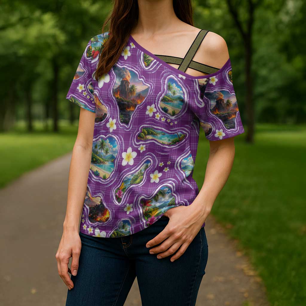 Hawaiian Island Shapes-Iconic Landscape Cross Shoulder Shirt with Plumeria and Palaka Purple Color