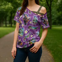 Hawaiian Island Shapes-Iconic Landscape Cross Shoulder Shirt with Plumeria and Palaka Purple Color