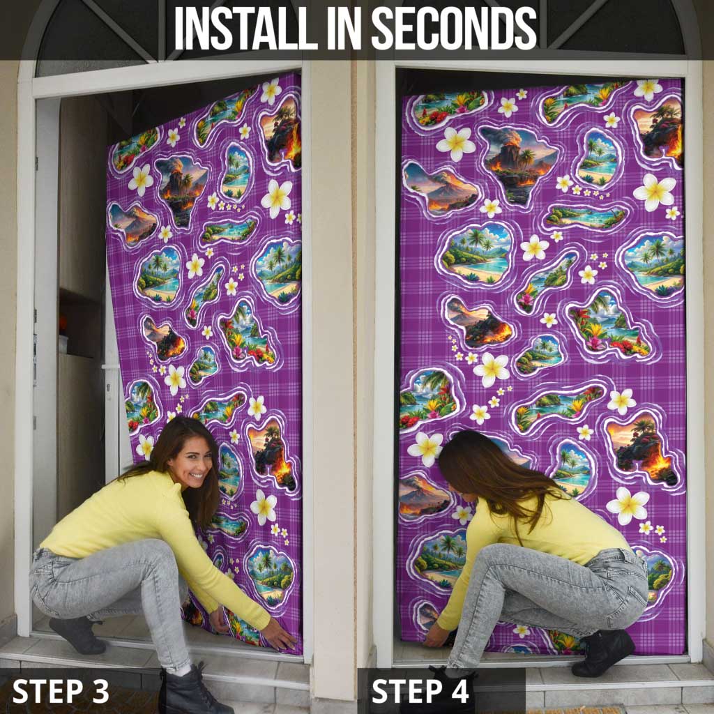Hawaiian Island Shapes-Iconic Landscape Door Cover with Plumeria and Palaka Purple Color