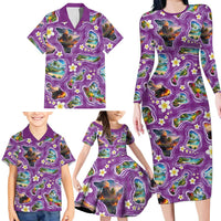 Hawaiian Island Shapes-Iconic Landscape Family Matching Long Sleeve Bodycon Dress and Hawaiian Shirt with Plumeria and Palaka Purple Color