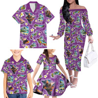 Hawaiian Island Shapes-Iconic Landscape Family Matching Off The Shoulder Long Sleeve Dress and Hawaiian Shirt with Plumeria and Palaka Purple Color
