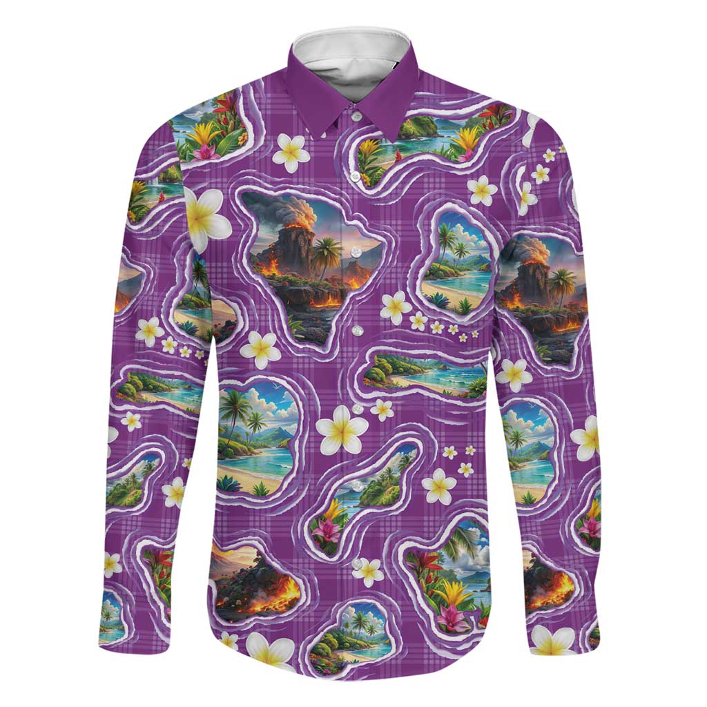 Hawaiian Island Shapes-Iconic Landscape Family Matching Off Shoulder Maxi Dress and Hawaiian Shirt with Plumeria and Palaka Purple Color