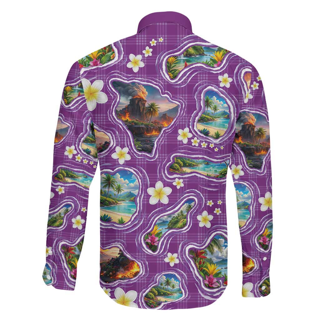 Hawaiian Island Shapes-Iconic Landscape Family Matching Off Shoulder Maxi Dress and Hawaiian Shirt with Plumeria and Palaka Purple Color