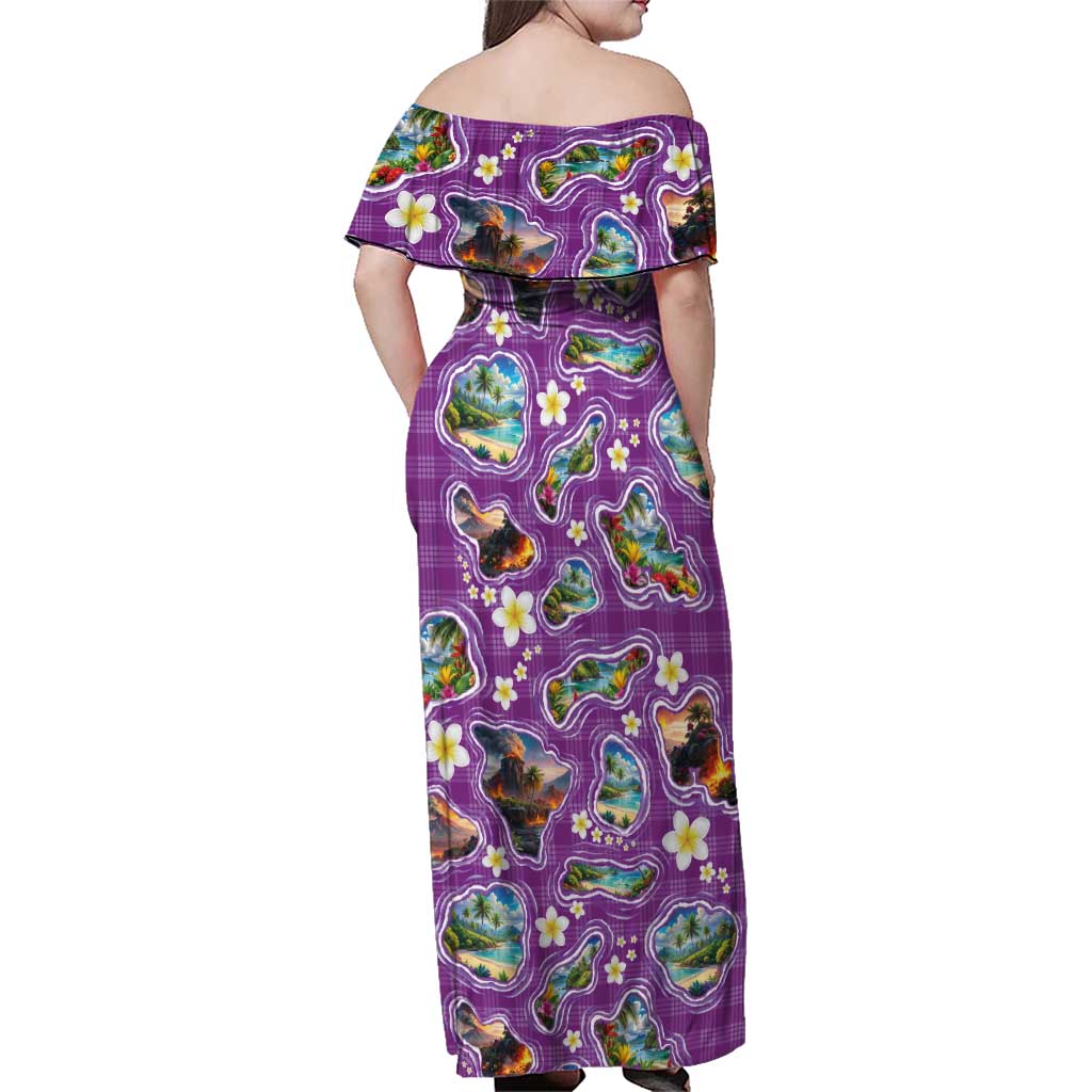 Hawaiian Island Shapes-Iconic Landscape Family Matching Off Shoulder Maxi Dress and Hawaiian Shirt with Plumeria and Palaka Purple Color