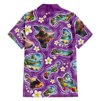 Hawaiian Island Shapes-Iconic Landscape Family Matching Off Shoulder Short Dress and Hawaiian Shirt with Plumeria and Palaka Purple Color