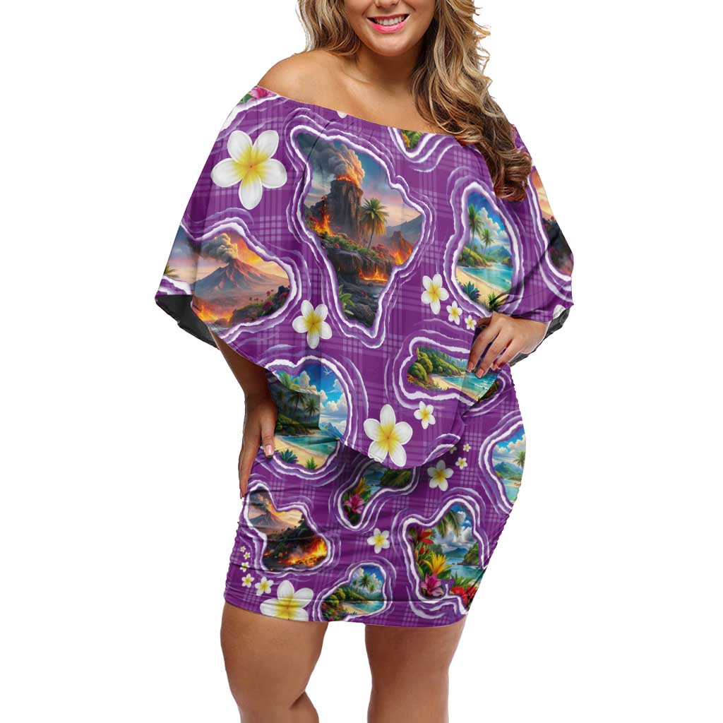 Hawaiian Island Shapes-Iconic Landscape Family Matching Off Shoulder Short Dress and Hawaiian Shirt with Plumeria and Palaka Purple Color