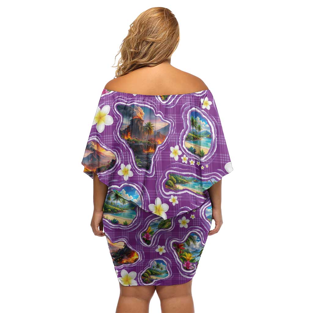 Hawaiian Island Shapes-Iconic Landscape Family Matching Off Shoulder Short Dress and Hawaiian Shirt with Plumeria and Palaka Purple Color