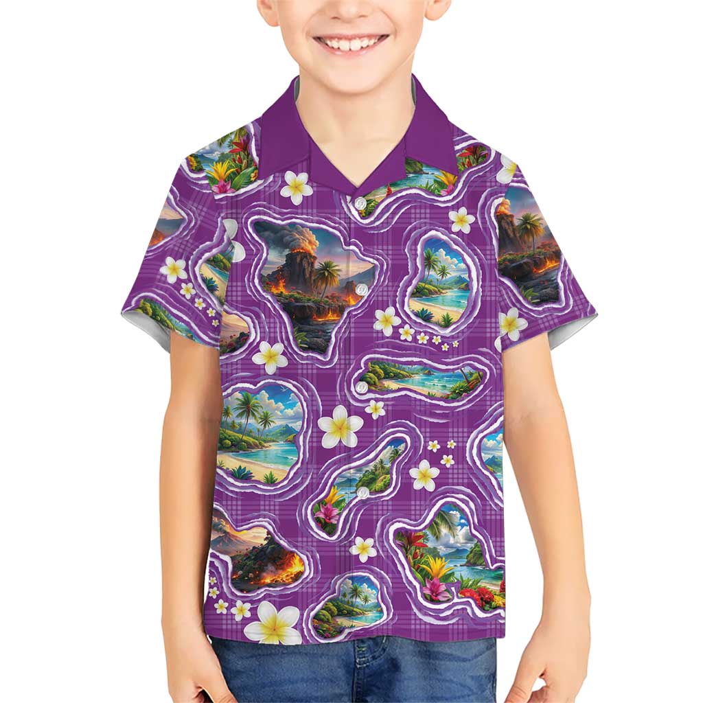 Hawaiian Island Shapes-Iconic Landscape Family Matching Off Shoulder Short Dress and Hawaiian Shirt with Plumeria and Palaka Purple Color