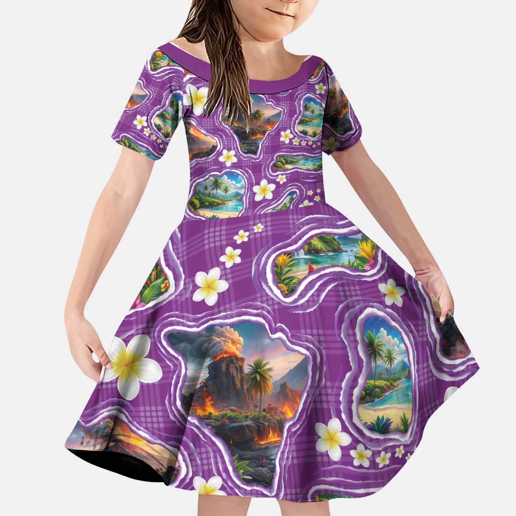 Hawaiian Island Shapes-Iconic Landscape Family Matching Puletasi and Hawaiian Shirt with Plumeria and Palaka Purple Color