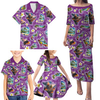 Hawaiian Island Shapes-Iconic Landscape Family Matching Puletasi and Hawaiian Shirt with Plumeria and Palaka Purple Color