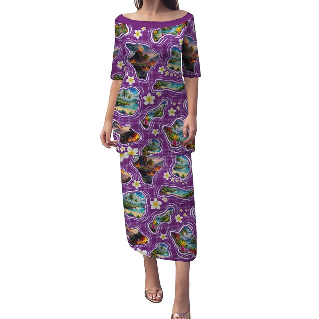 Hawaiian Island Shapes-Iconic Landscape Family Matching Puletasi and Hawaiian Shirt with Plumeria and Palaka Purple Color