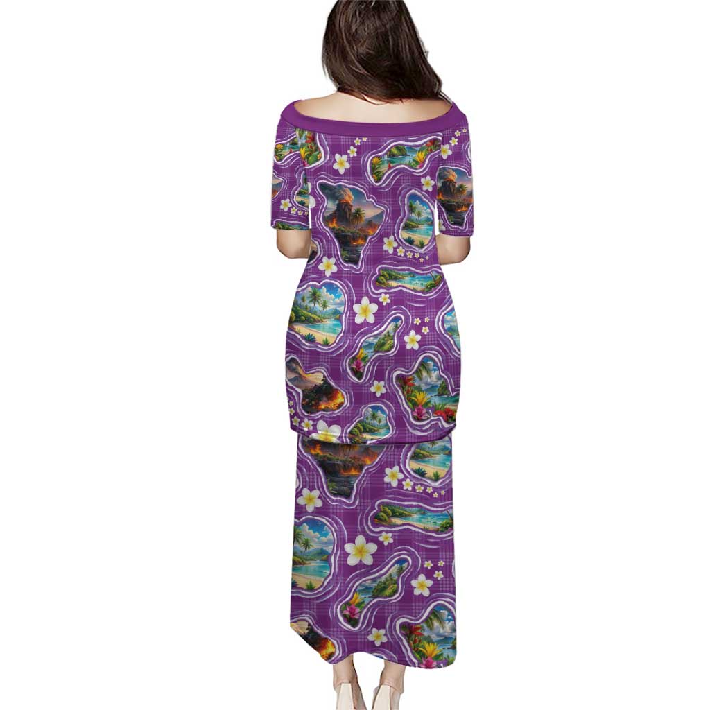 Hawaiian Island Shapes-Iconic Landscape Family Matching Puletasi and Hawaiian Shirt with Plumeria and Palaka Purple Color