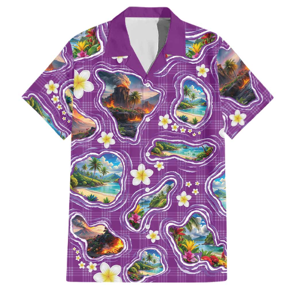 Hawaiian Island Shapes-Iconic Landscape Family Matching Summer Maxi Dress and Hawaiian Shirt with Plumeria and Palaka Purple Color