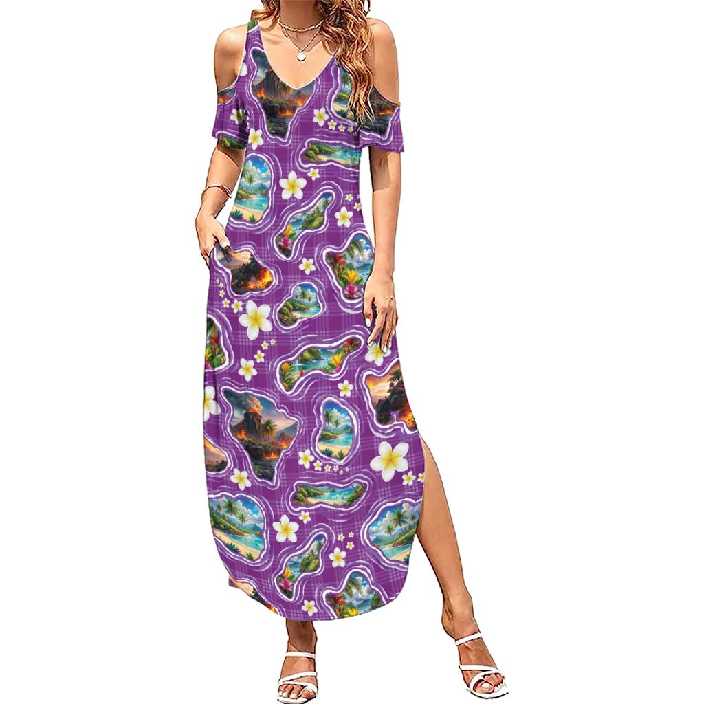 Hawaiian Island Shapes-Iconic Landscape Family Matching Summer Maxi Dress and Hawaiian Shirt with Plumeria and Palaka Purple Color