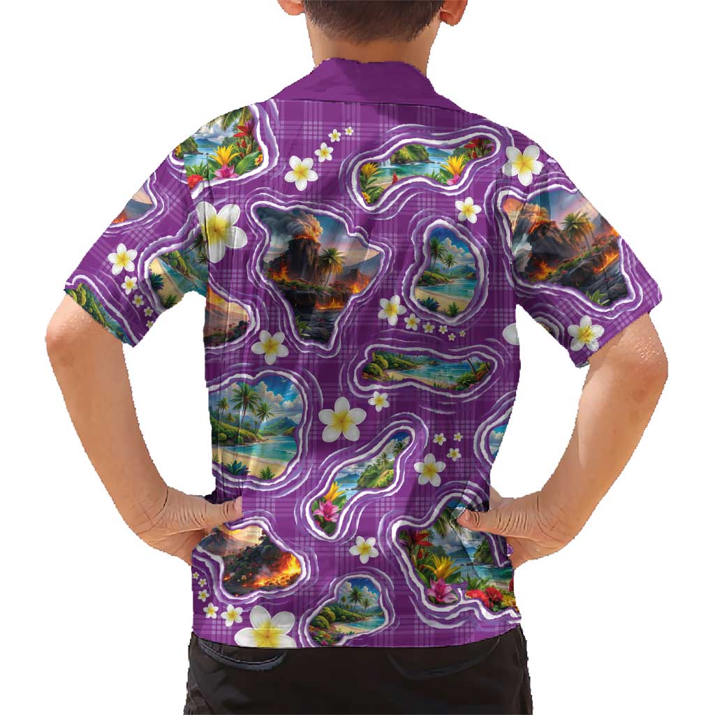 Hawaiian Island Shapes-Iconic Landscape Family Matching Tank Maxi Dress and Hawaiian Shirt with Plumeria and Palaka Purple Color