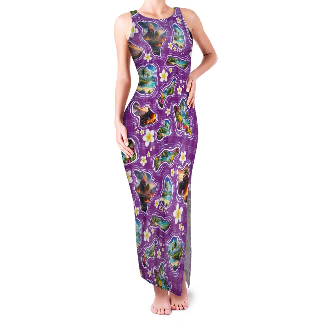 Hawaiian Island Shapes-Iconic Landscape Family Matching Tank Maxi Dress and Hawaiian Shirt with Plumeria and Palaka Purple Color