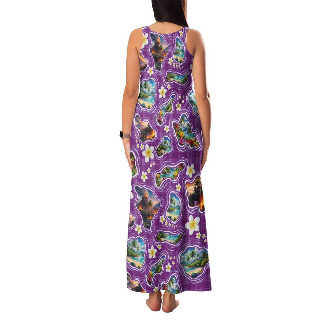 Hawaiian Island Shapes-Iconic Landscape Family Matching Tank Maxi Dress and Hawaiian Shirt with Plumeria and Palaka Purple Color