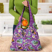 Hawaiian Island Shapes-Iconic Landscape Grocery Bag with Plumeria and Palaka Purple Color