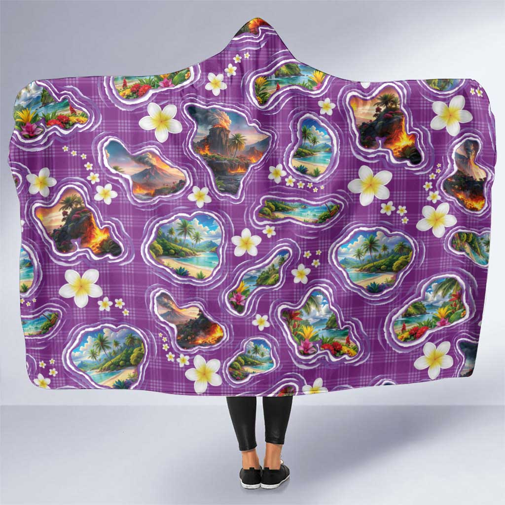 Hawaiian Island Shapes-Iconic Landscape Hooded Blanket with Plumeria and Palaka Purple Color LT03 One Size Purple - Polynesian Pride