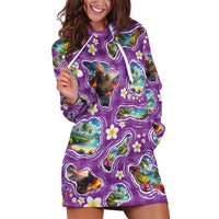 Hawaiian Island Shapes-Iconic Landscape Hoodie Dress with Plumeria and Palaka Purple Color
