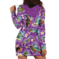Hawaiian Island Shapes-Iconic Landscape Hoodie Dress with Plumeria and Palaka Purple Color