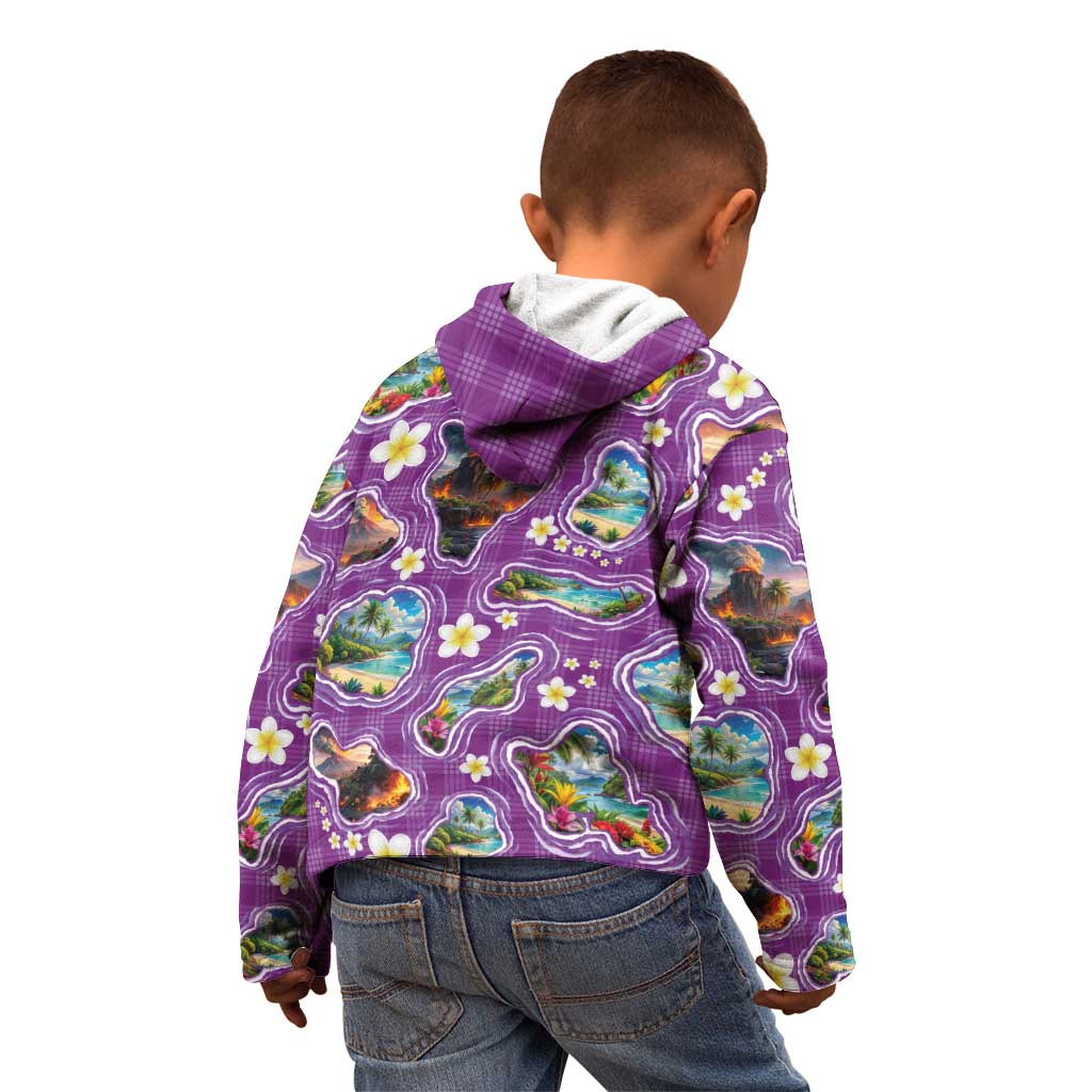 Hawaiian Island Shapes-Iconic Landscape Kid Hoodie with Plumeria and Palaka Purple Color