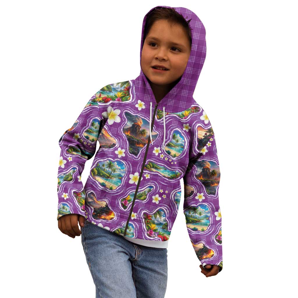 Hawaiian Island Shapes-Iconic Landscape Kid Hoodie with Plumeria and Palaka Purple Color