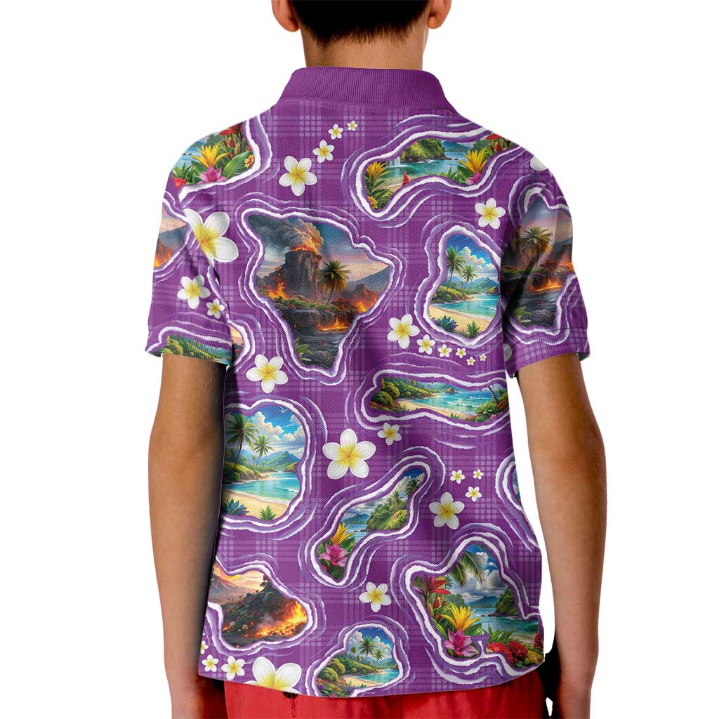 Hawaiian Island Shapes-Iconic Landscape Kid Polo Shirt with Plumeria and Palaka Purple Color