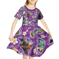 Hawaiian Island Shapes-Iconic Landscape Kid Short Sleeve Dress with Plumeria and Palaka Purple Color