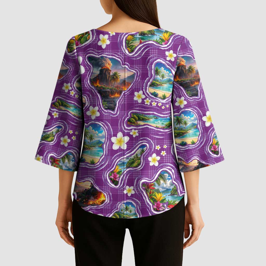 Hawaiian Island Shapes-Iconic Landscape Kimono Sleeve Blouse with Plumeria and Palaka Purple Color