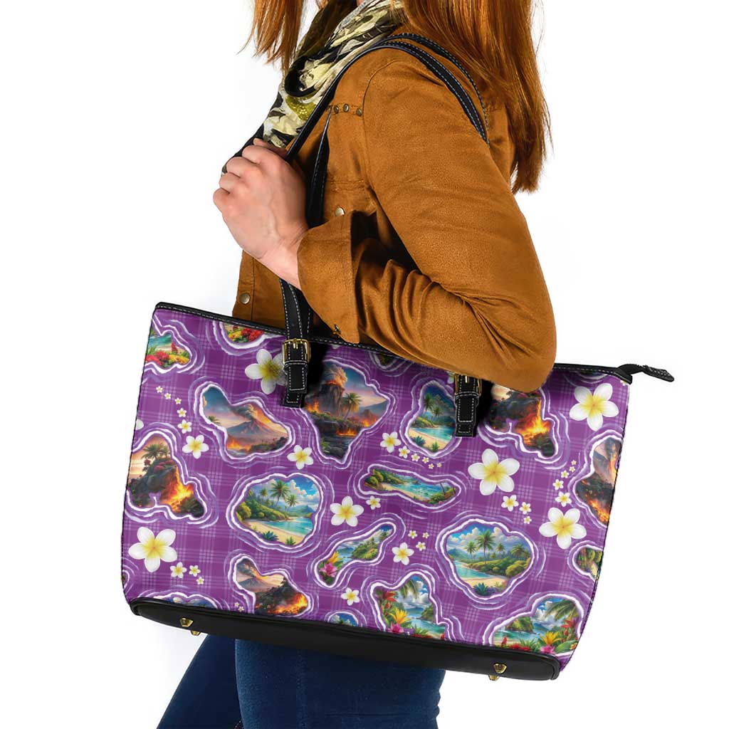 Hawaiian Island Shapes-Iconic Landscape Leather Tote Bag with Plumeria and Palaka Purple Color
