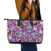Hawaiian Island Shapes-Iconic Landscape Leather Tote Bag with Plumeria and Palaka Purple Color