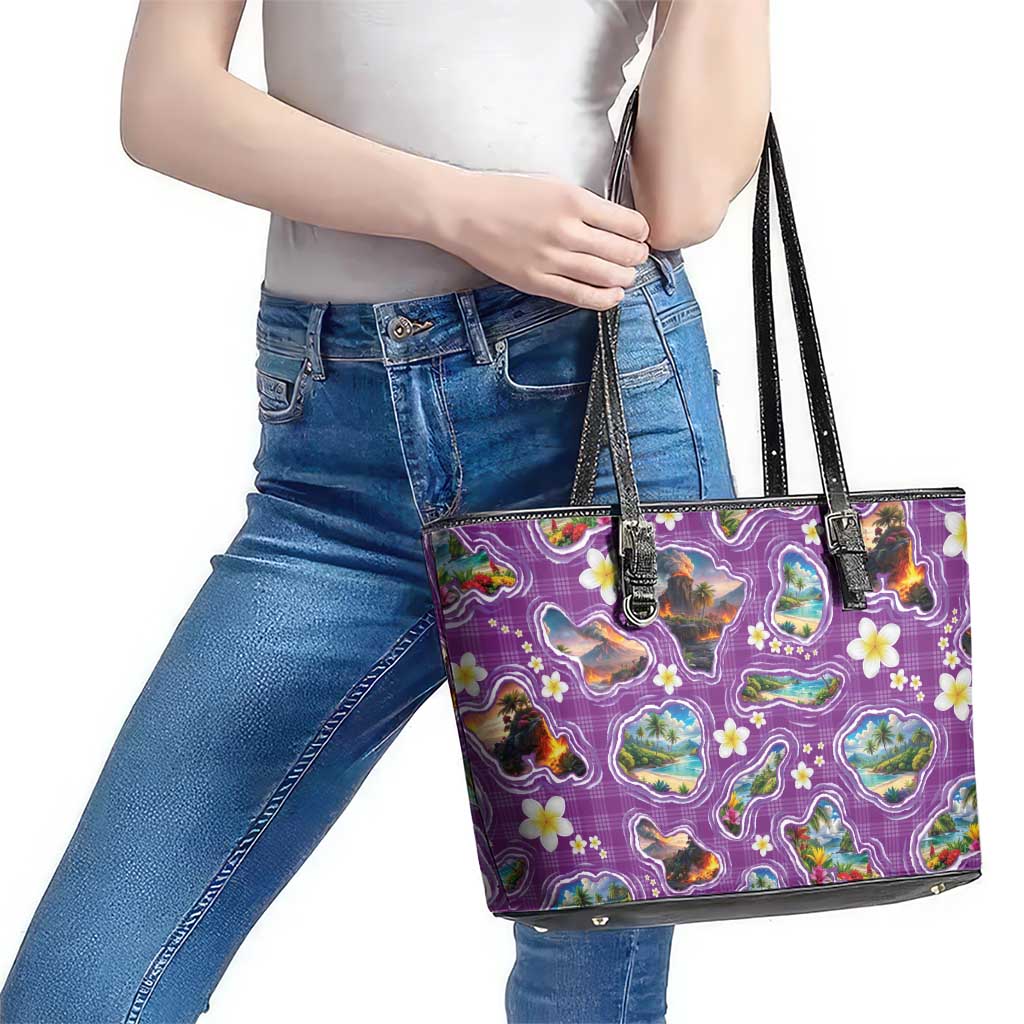 Hawaiian Island Shapes-Iconic Landscape Leather Tote Bag with Plumeria and Palaka Purple Color