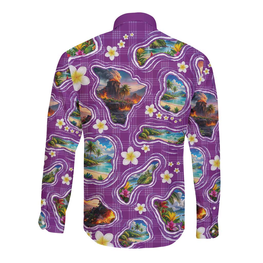 Hawaiian Island Shapes-Iconic Landscape Long Sleeve Button Shirt with Plumeria and Palaka Purple Color