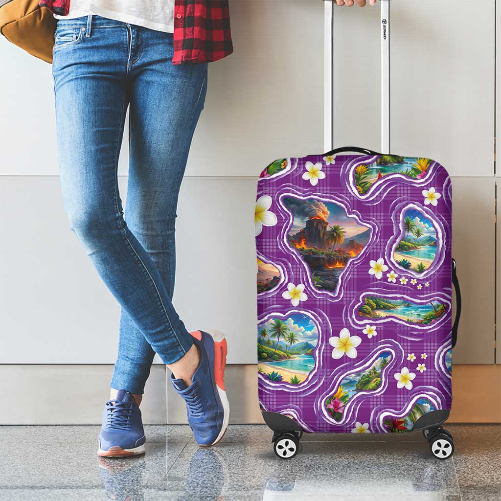 Hawaiian Island Shapes-Iconic Landscape Luggage Cover with Plumeria and Palaka Purple Color