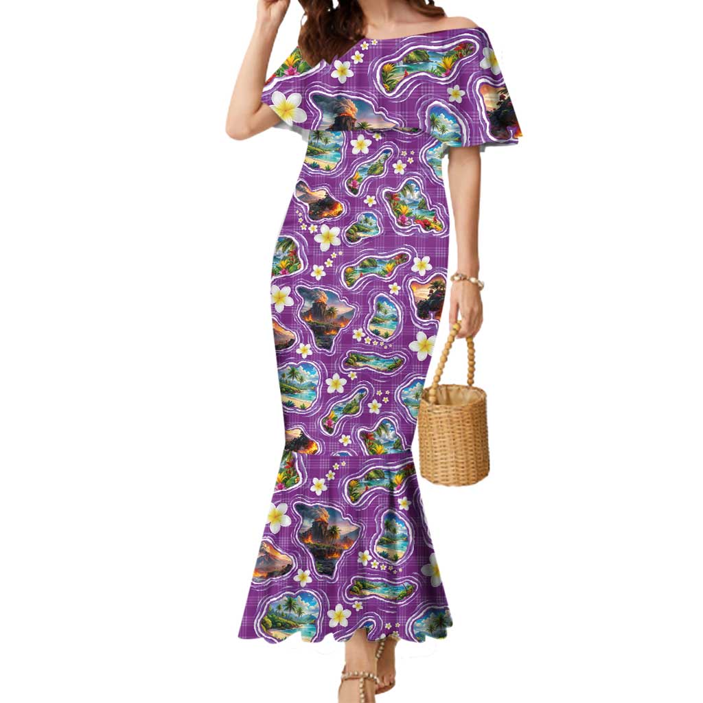 Hawaiian Island Shapes-Iconic Landscape Mermaid Dress with Plumeria and Palaka Purple Color